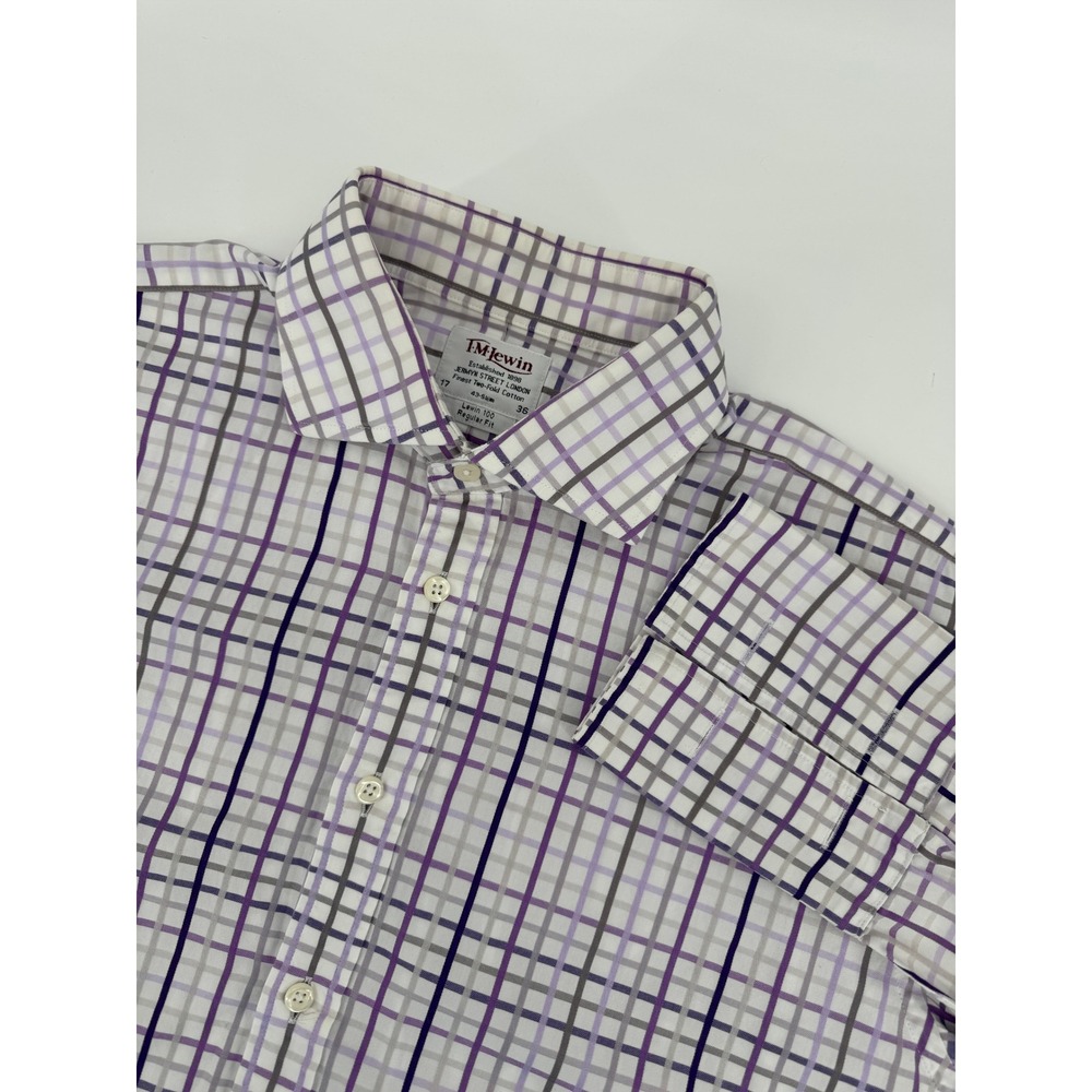 TM Lewin Mens Shirt French Cuff 17-36 Purple Gray Plaid Check Regular‎ Fit Dress